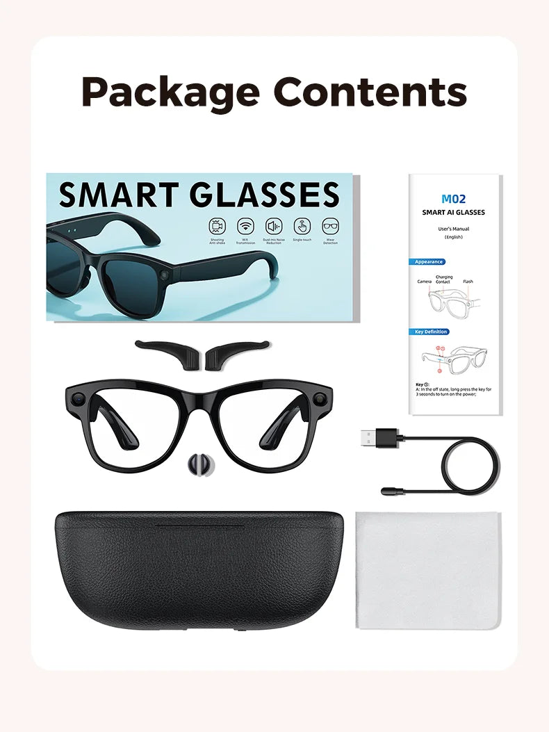 M02 Smart Glasses with 12MP Camera, Local Storage, Audio/Video Recording, and Real-Time AI Translation