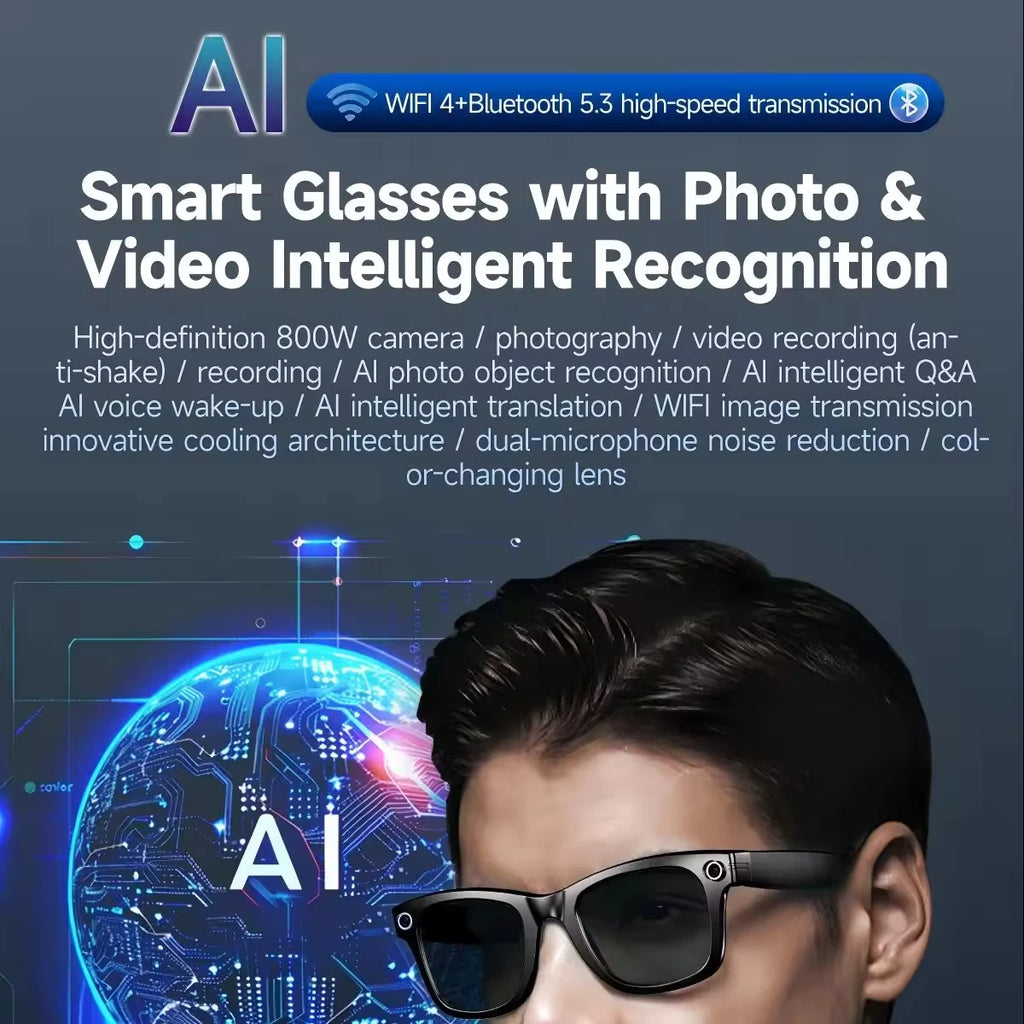 Smart Glasses with Bluetooth Calling, 8MP 8K Camera, Wi‑Fi Transfer, AI Audio Recording