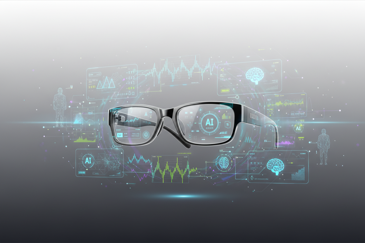 "Ultra-clean and premium hero image for a Shopify smart glasses store. Sleek, futuristic smart glasses floating in the center, with subtle illuminated HUD elements, holographic UI overlays, AI icons, and digital wave patterns around them. Soft reflections, modern lighting, and high-tech atmosphere. White and dark gradient background, minimalistic but elegant. Add subtle hints of artificial intelligence—neural network lines, glowing circuits, or AI holograms. Perfect for an e-commerce homepage banner; sharp,